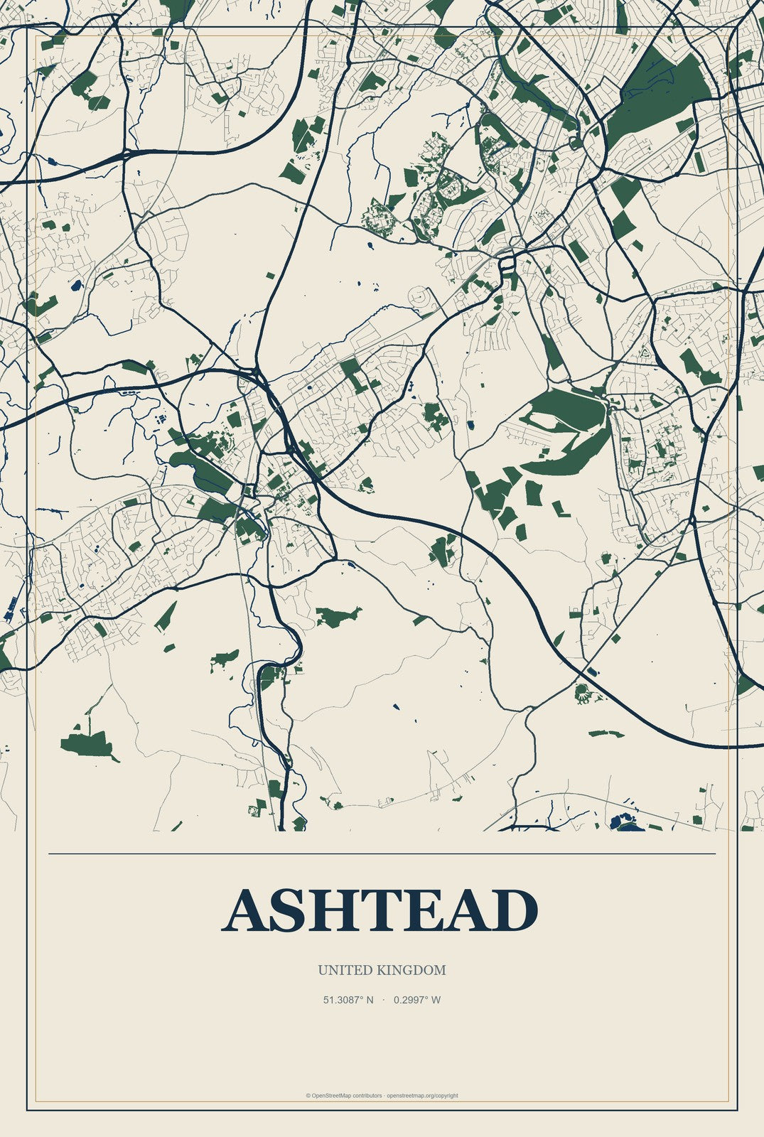 Ashtead, United Kingdom City Map Aluminum Sign in Coastal Cutout style