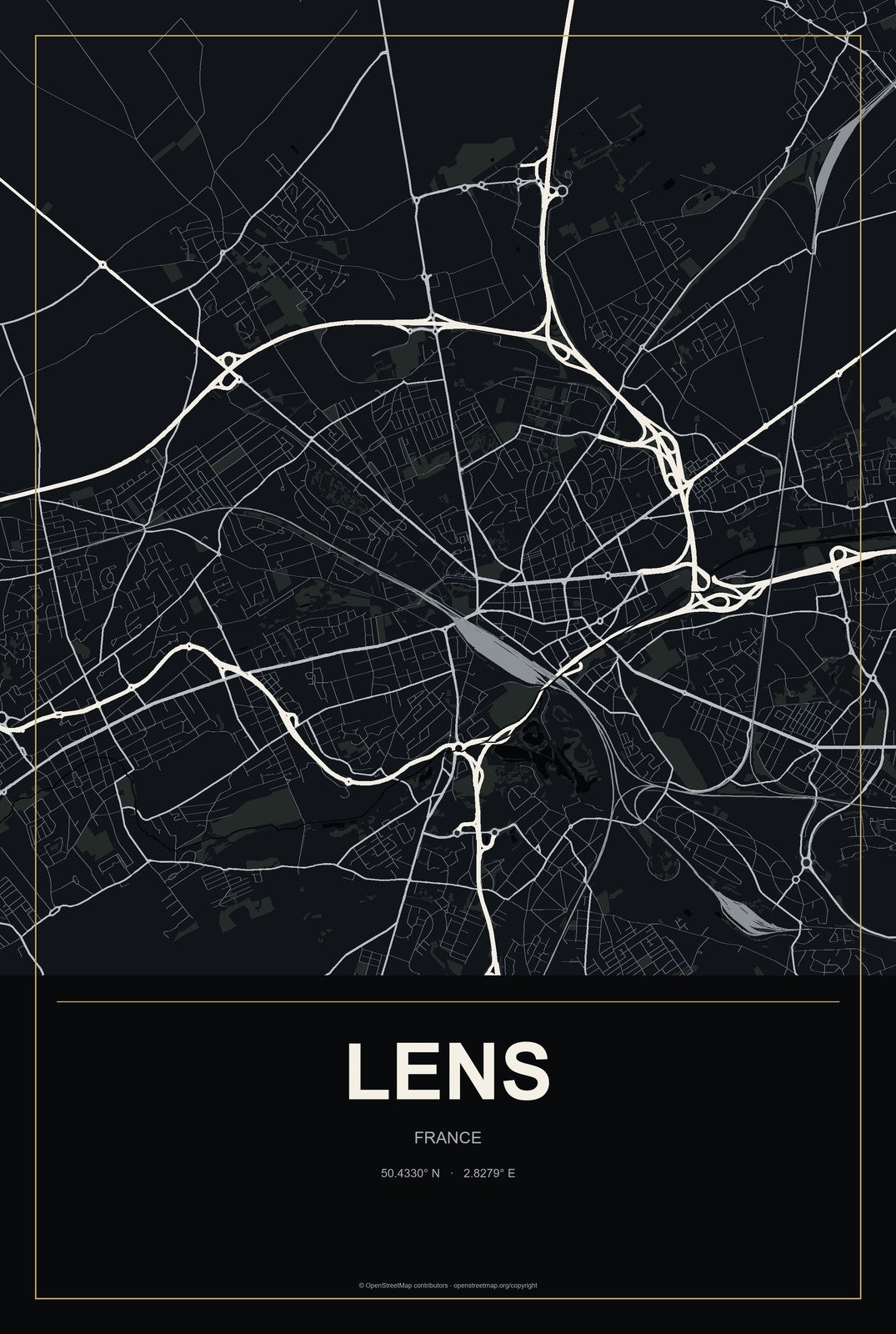 Lens, France City Map Aluminum Sign in Metropolitan Noir style