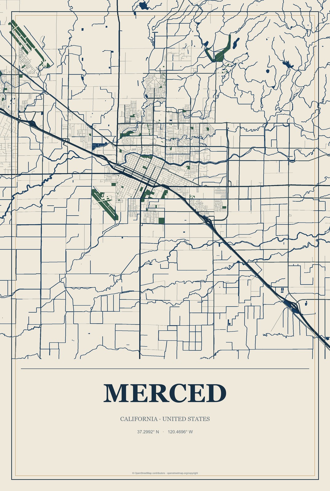 Merced, California City Map Aluminum Sign in Coastal Cutout style