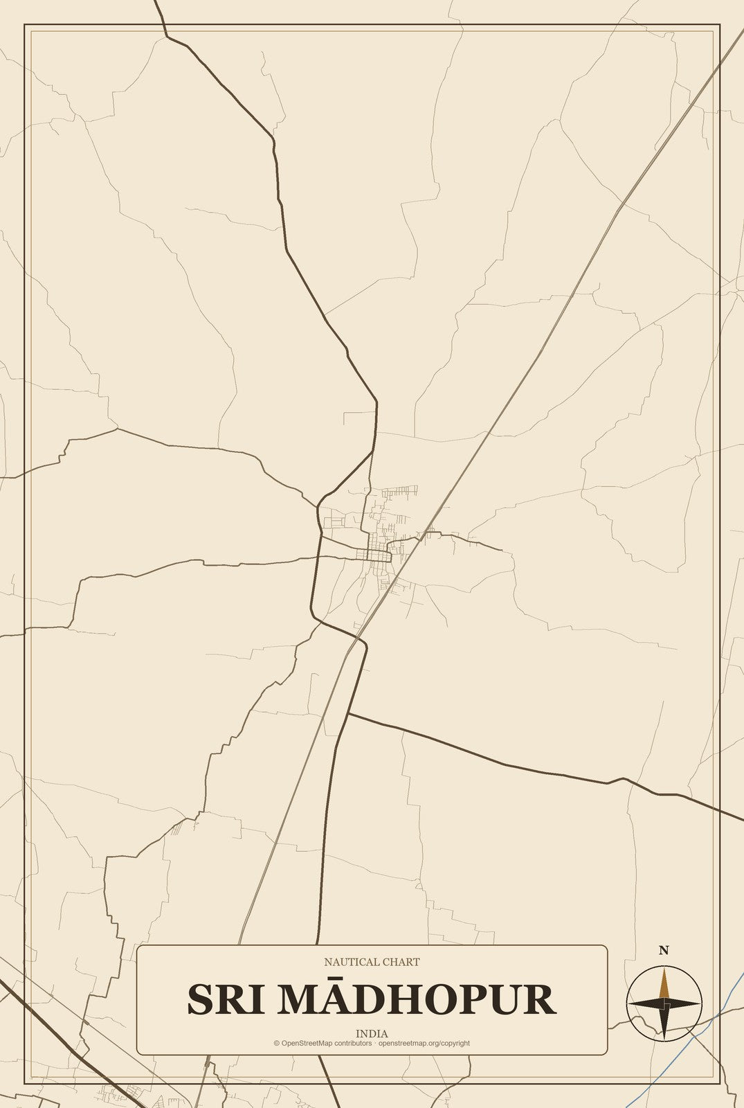 Sri Mādhopur, India City Map Aluminum Sign in Heritage Nautical style