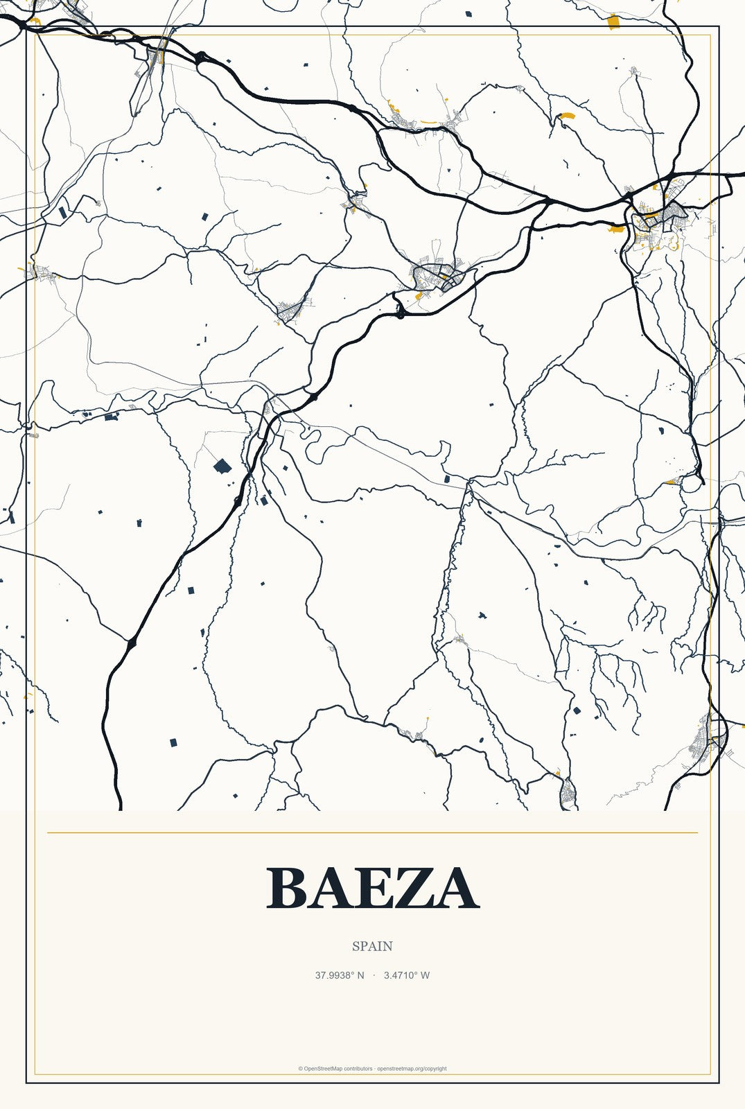 Baeza, Spain City Map Aluminum Sign in Citrine Modern style