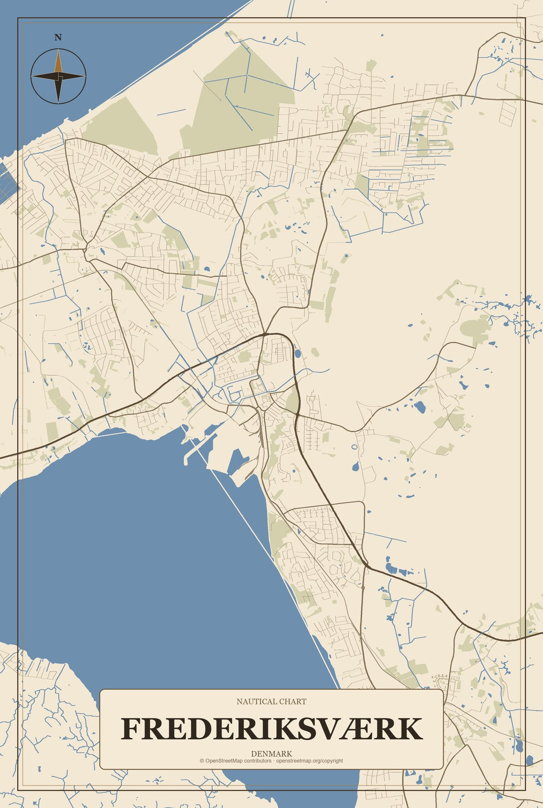 Frederiksværk, Denmark City Map Aluminum Sign in Heritage Nautical style