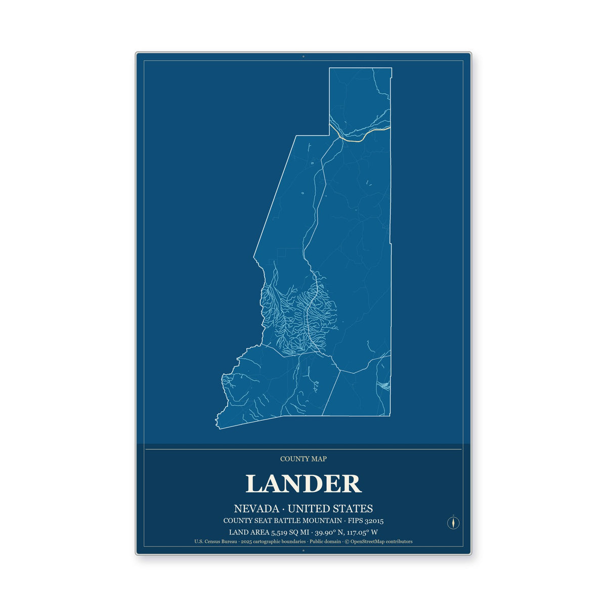 Lander County, Nevada Map Aluminum Sign in Harbor Cobalt style