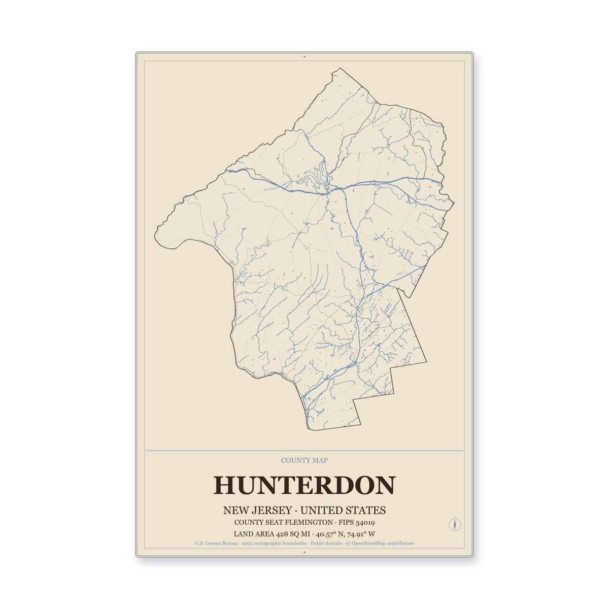 Hunterdon County, New Jersey Map Aluminum Sign in Heritage Nautical style