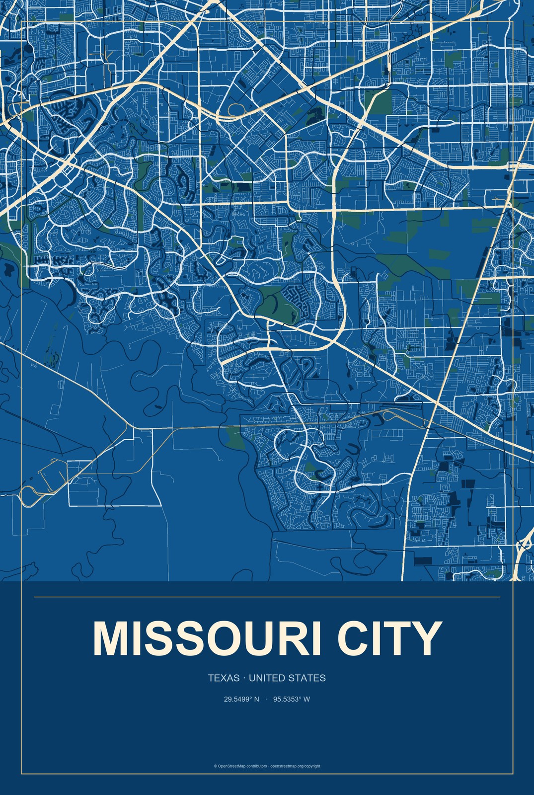 Missouri City, Texas City Map Aluminum Sign in Harbor Cobalt style
