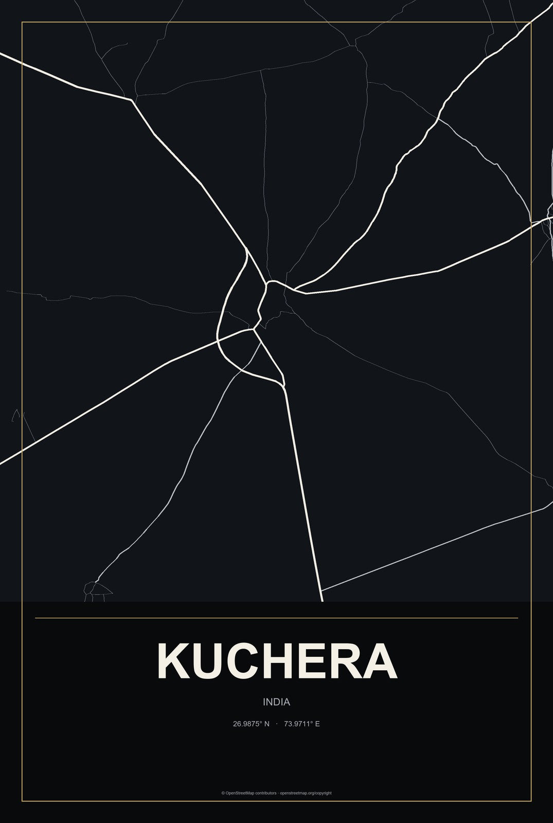 Kuchera, India City Map Aluminum Sign in Metropolitan Noir style