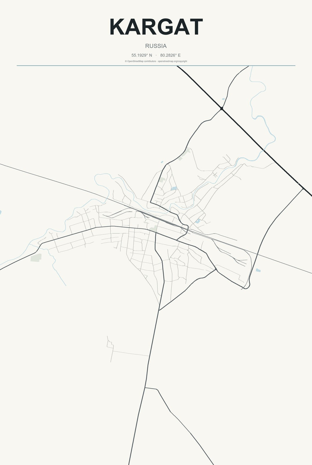 Kargat, Russia City Map Aluminum Sign in Headline Atlas style