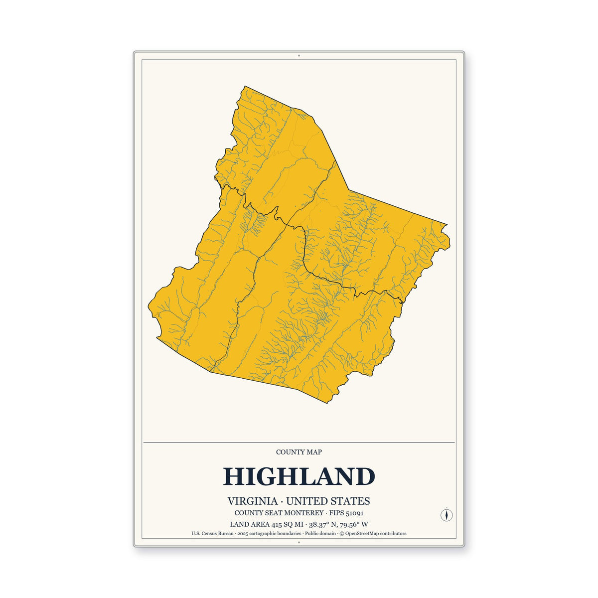Highland County, Virginia Map Aluminum Sign in Citrine Modern style