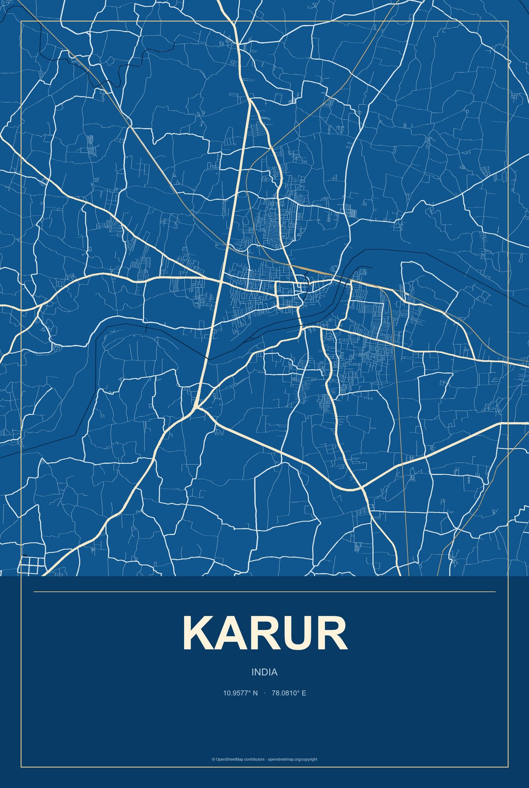 Karur, India City Map Aluminum Sign in Harbor Cobalt style