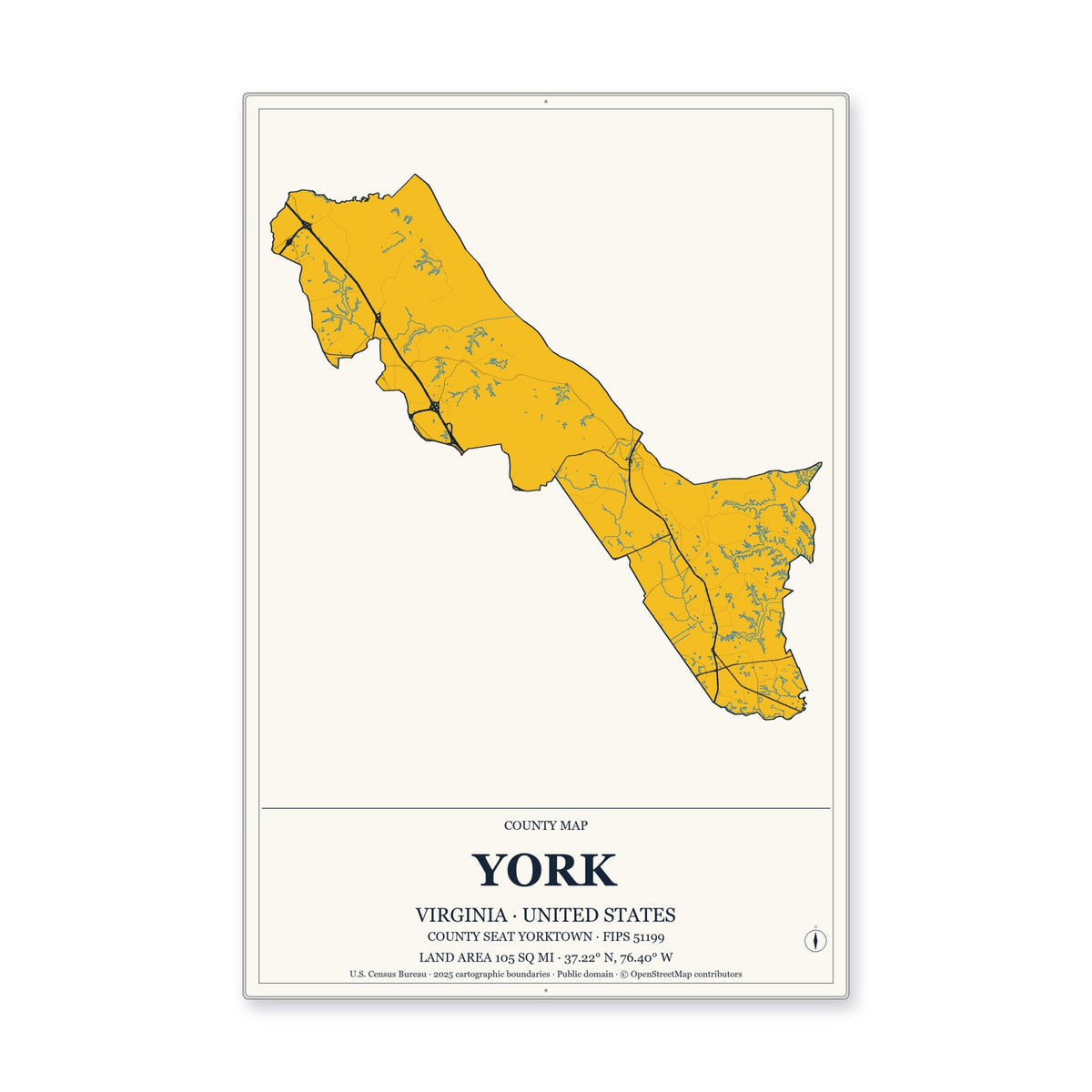 York County, Virginia Map Aluminum Sign in Citrine Modern style
