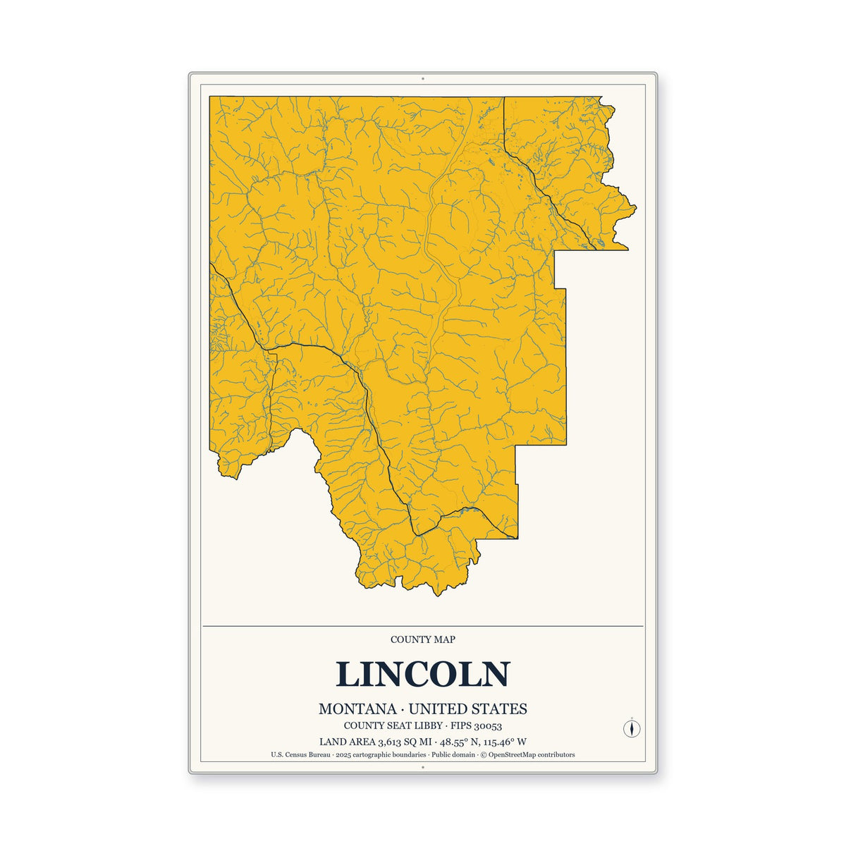Lincoln County, Montana Map Aluminum Sign in Citrine Modern style