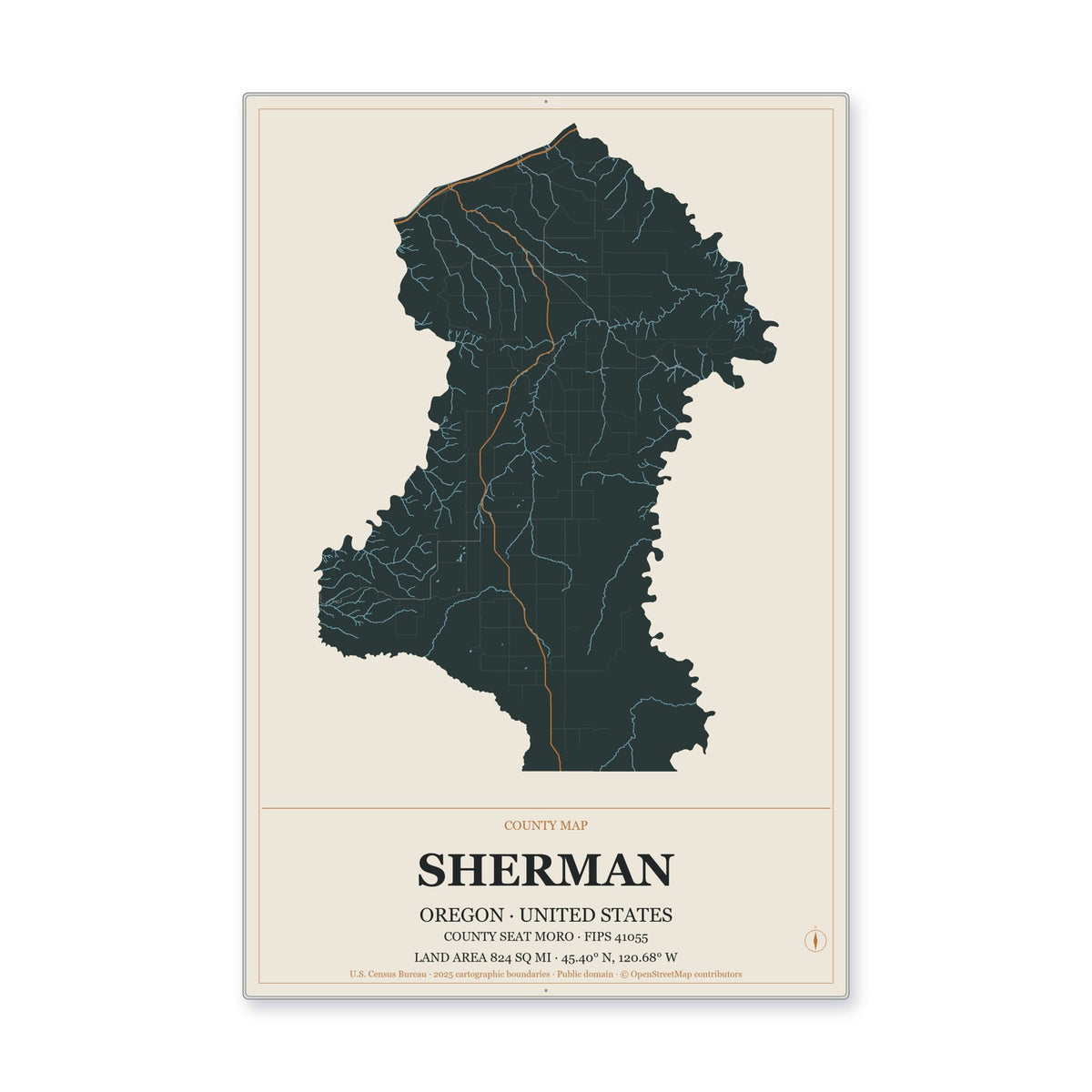 Sherman County, Oregon Map Aluminum Sign in Headline Atlas style