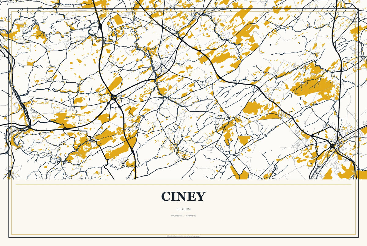 Ciney, Belgium City Map Aluminum Sign in Citrine Modern style