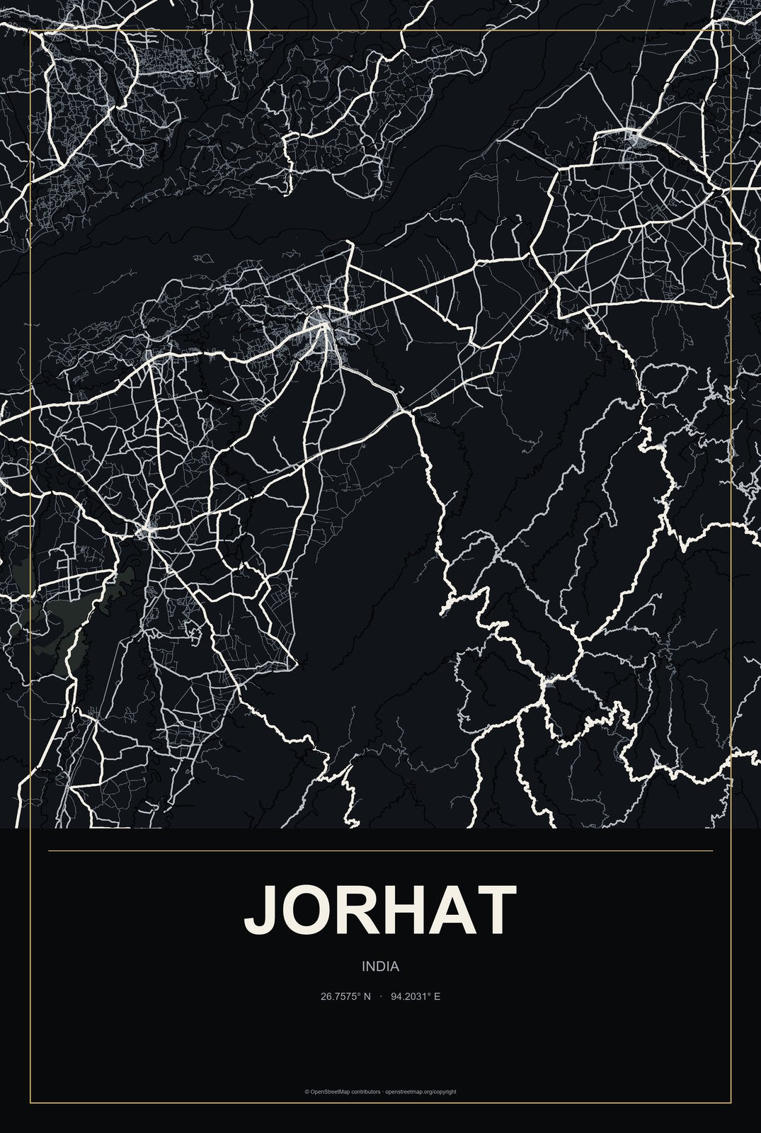 Jorhat, India City Map Aluminum Sign in Metropolitan Noir style