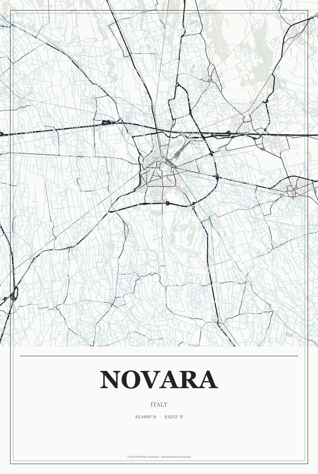 Novara, Italy City Map Aluminum Sign in Gallery Air style