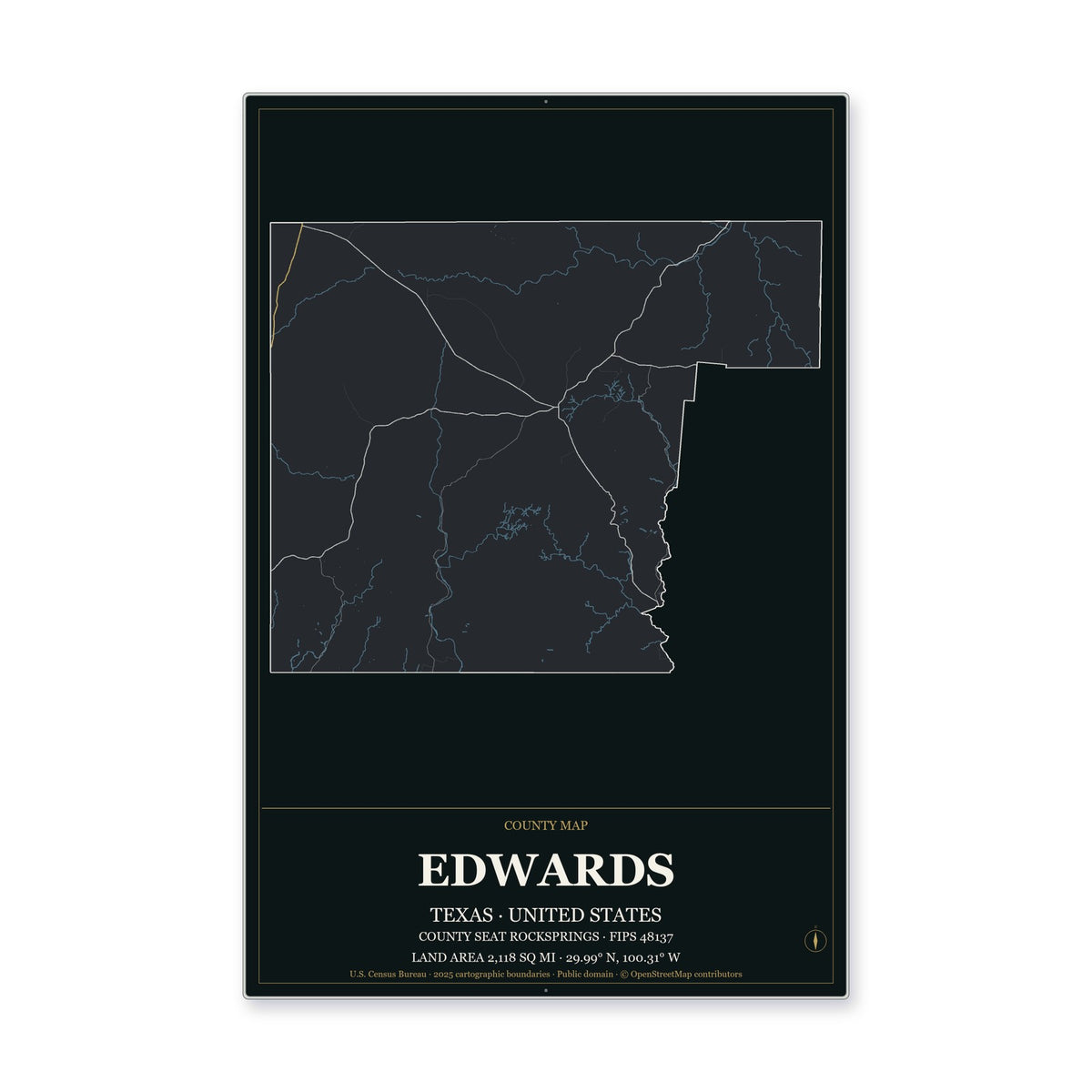 Edwards County, Texas Map Aluminum Sign in Metropolitan Noir style