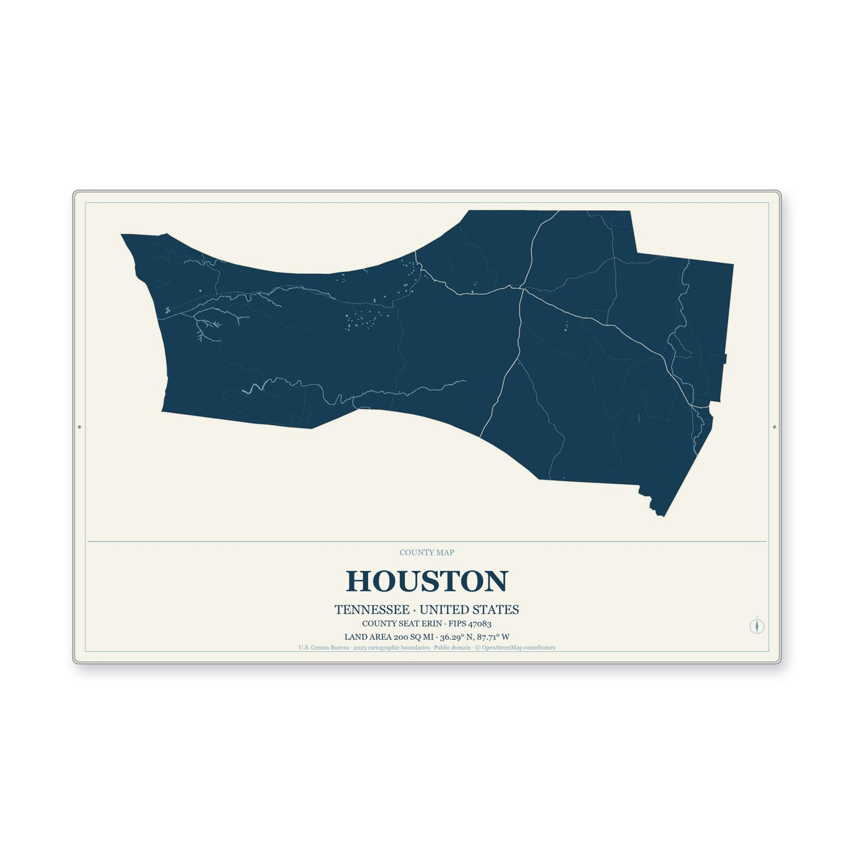 Houston County, Tennessee Map Aluminum Sign in Coastal Cutout style