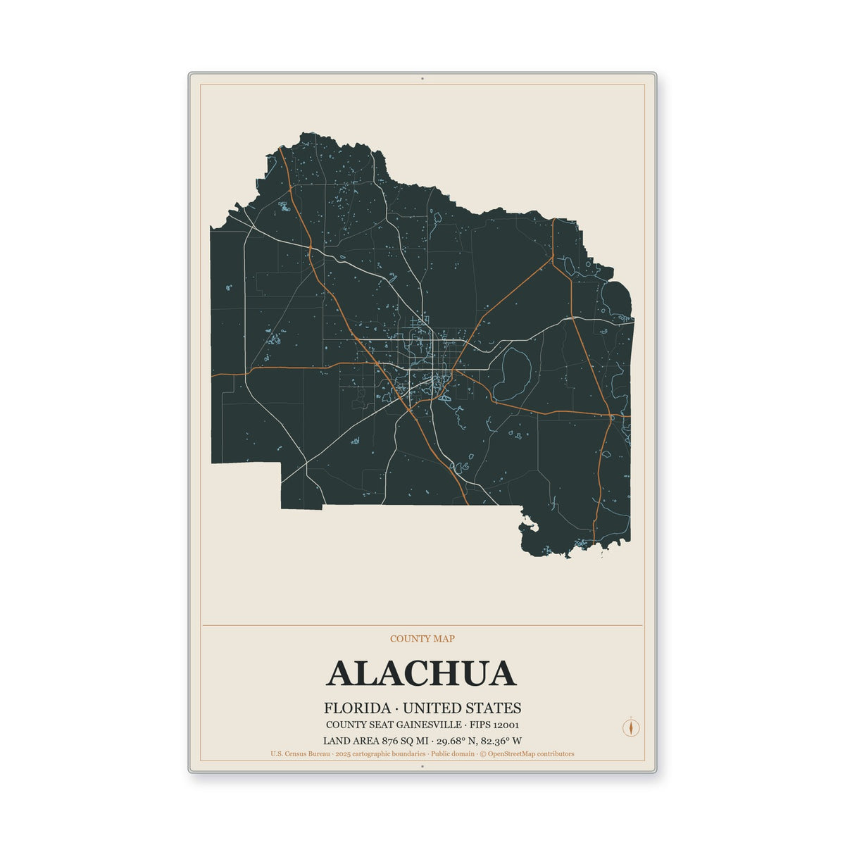 Alachua County, Florida Map Aluminum Sign in Headline Atlas style