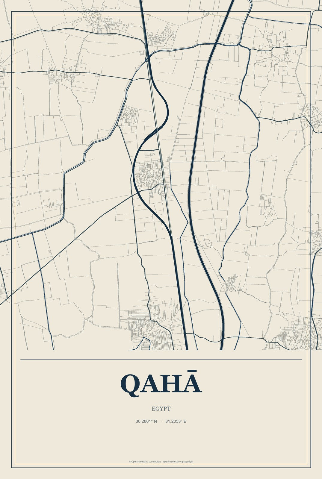 Qahā, Egypt City Map Aluminum Sign in Coastal Cutout style