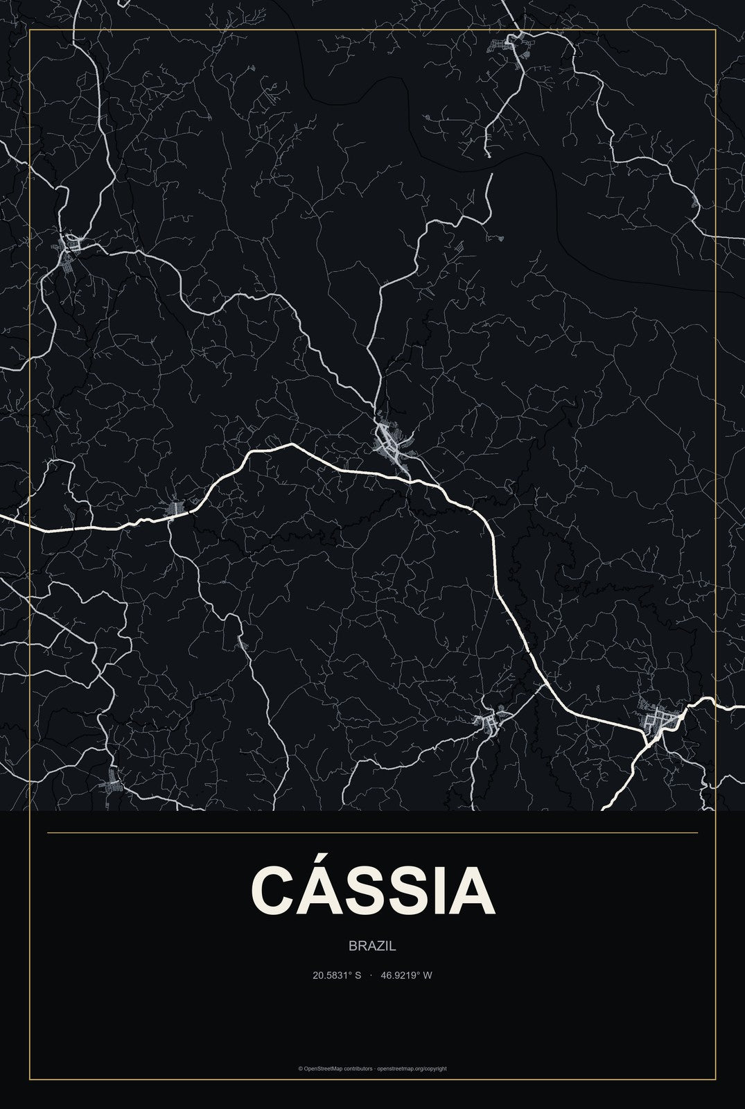 Cássia, Brazil City Map Aluminum Sign in Metropolitan Noir style