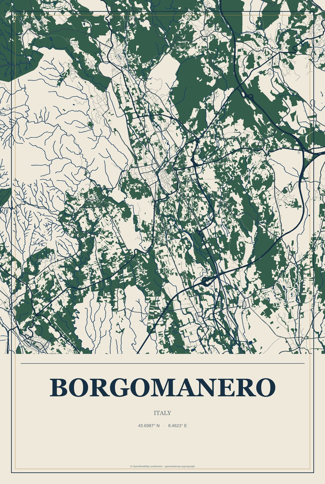 Borgomanero, Italy City Map Aluminum Sign in Coastal Cutout style