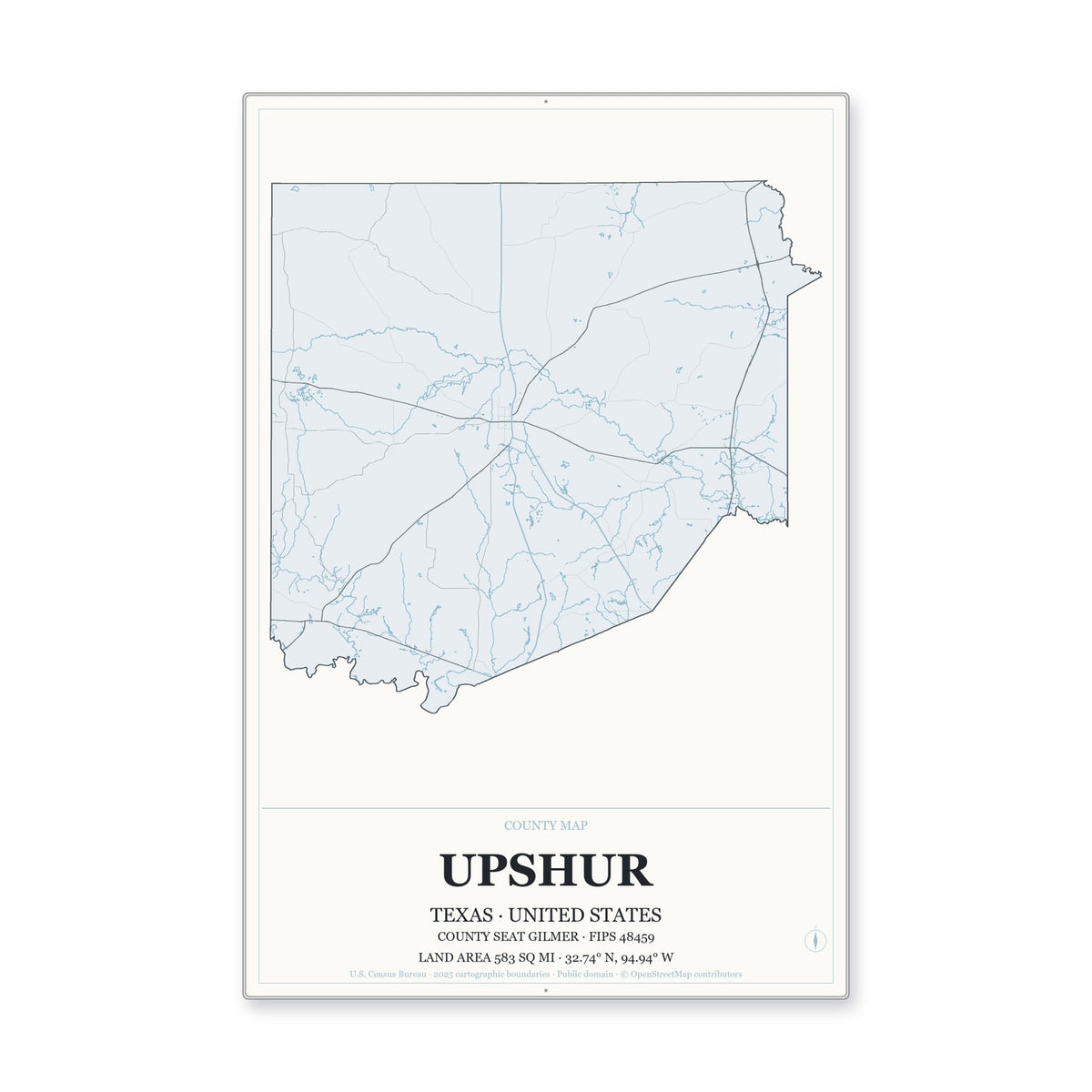 Upshur County, Texas Map Aluminum Sign in Gallery Air style