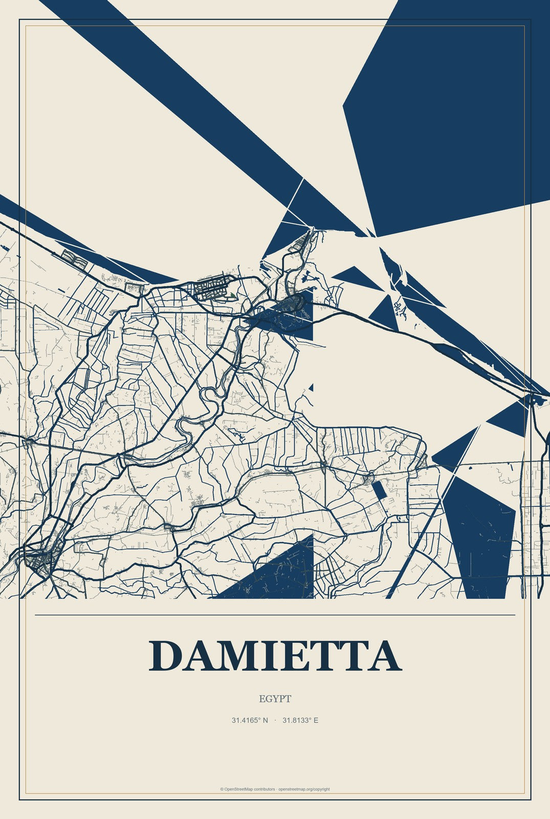 Damietta, Egypt City Map Aluminum Sign in Coastal Cutout style
