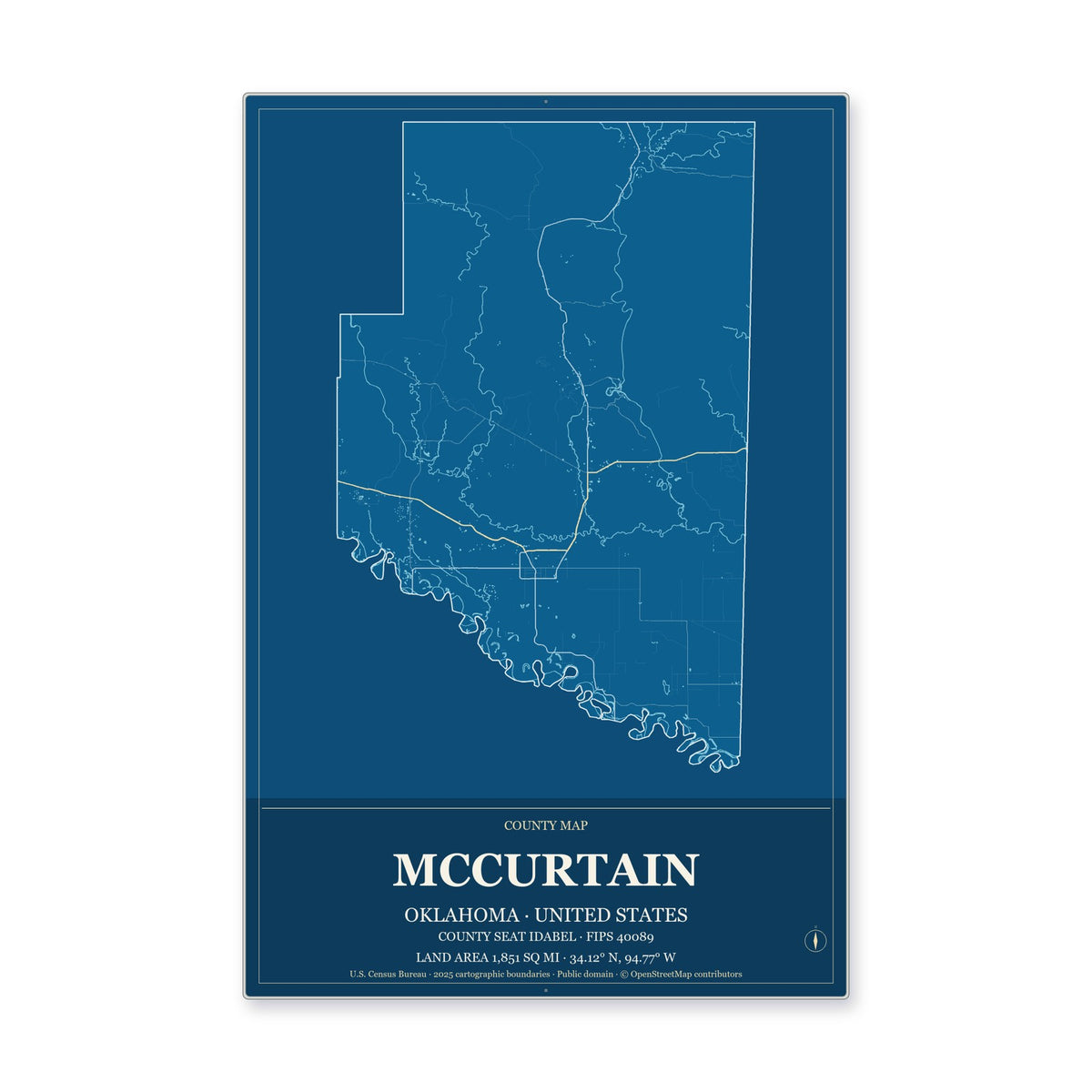 McCurtain County, Oklahoma Map Aluminum Sign in Harbor Cobalt style