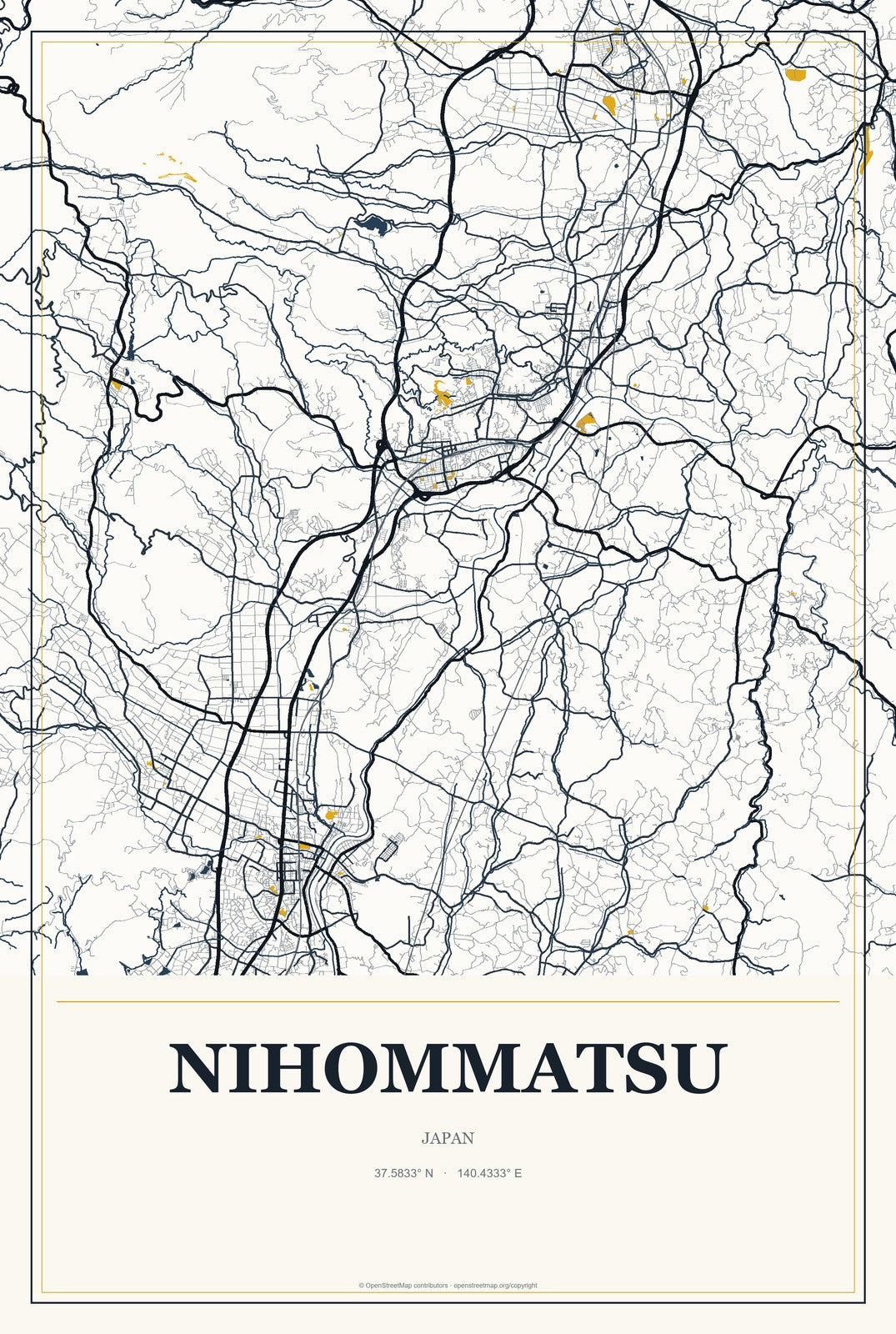 Nihommatsu, Japan City Map Aluminum Sign in Citrine Modern style