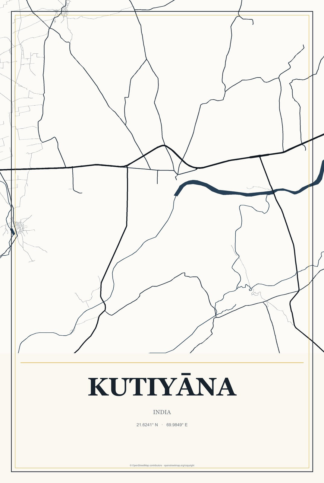 Kutiyāna, India City Map Aluminum Sign in Citrine Modern style