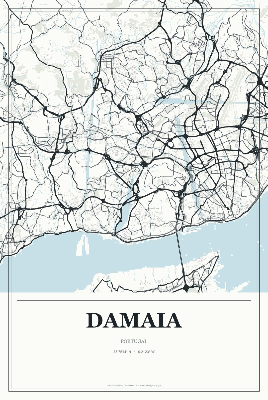 Damaia, Portugal City Map Aluminum Sign in Gallery Air style