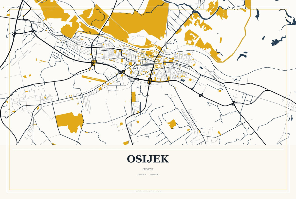 Osijek, Croatia City Map Aluminum Sign in Citrine Modern style
