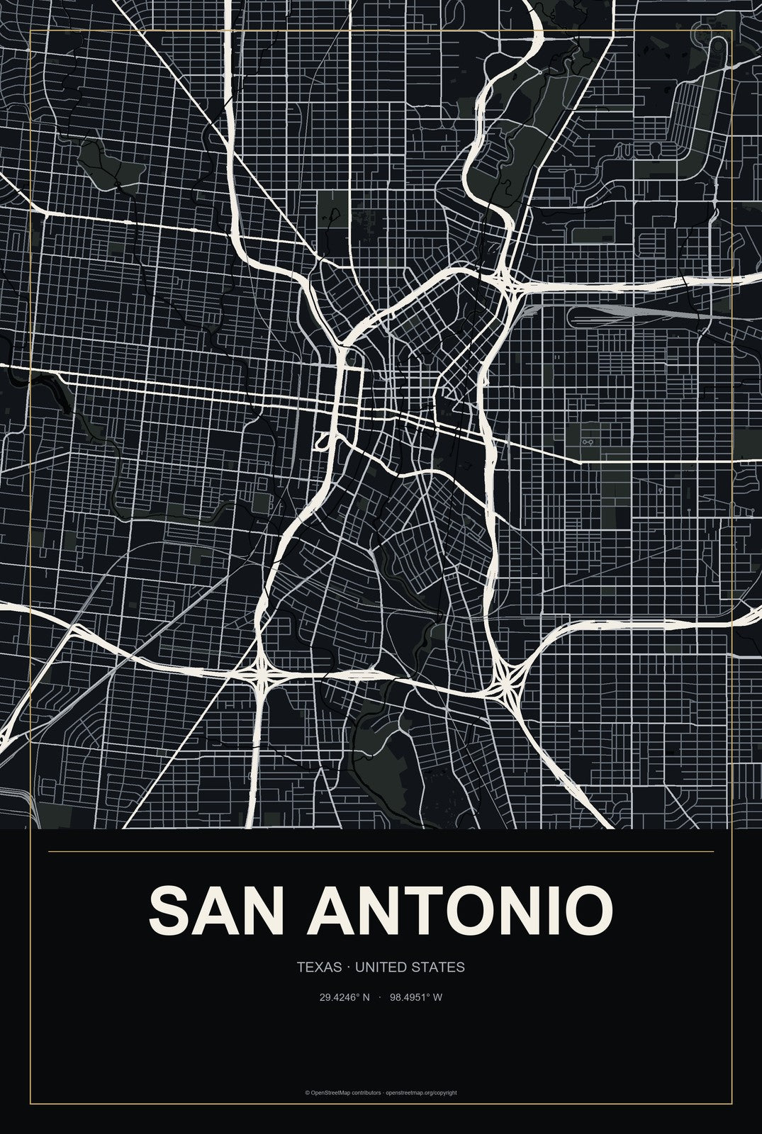 San Antonio, Texas City Map Aluminum Sign in Metropolitan Noir style