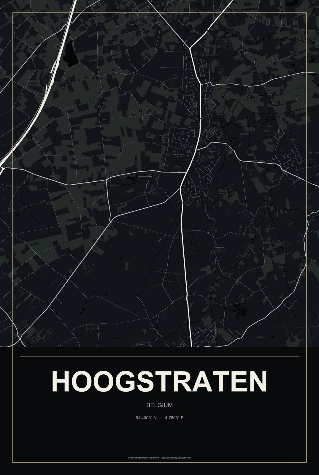 Hoogstraten, Belgium City Map Aluminum Sign in Metropolitan Noir style