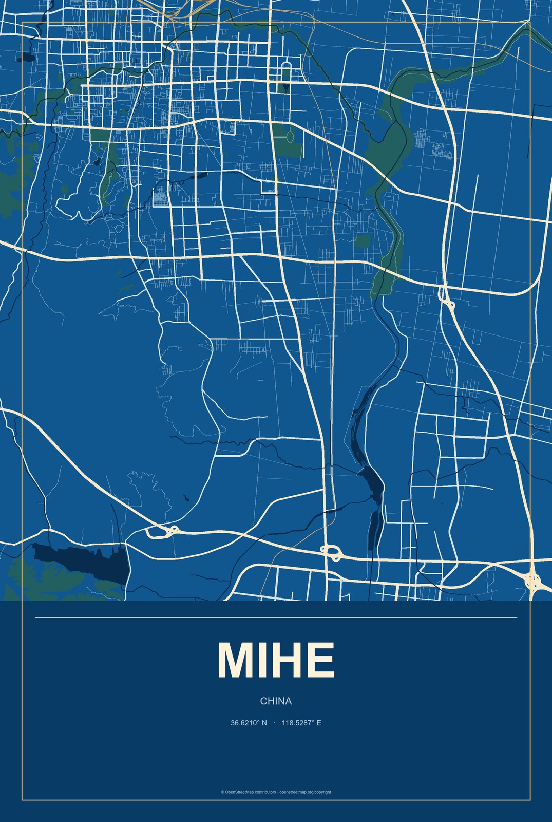 Mihe, China City Map Aluminum Sign in Harbor Cobalt style