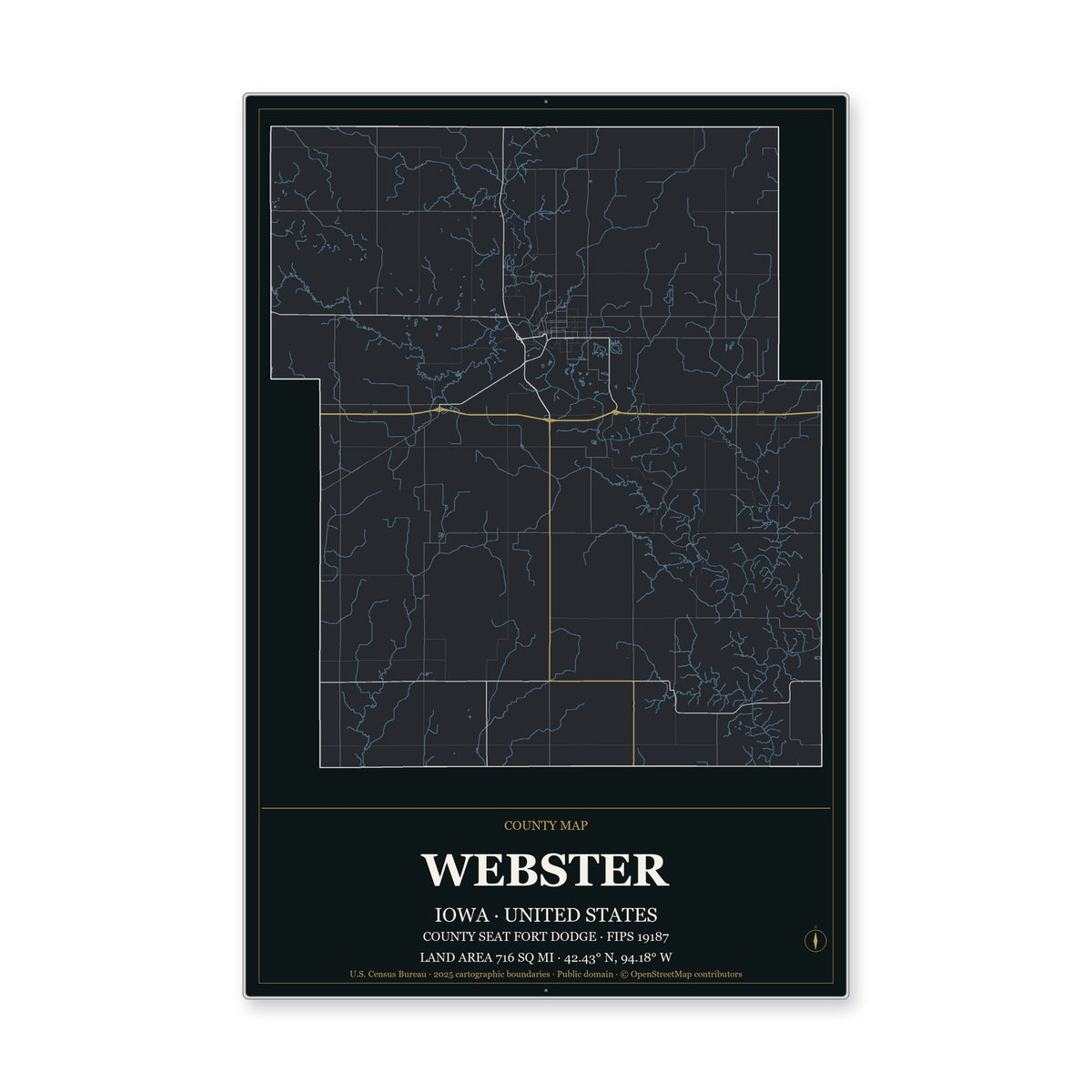 Webster County, Iowa Map Aluminum Sign in Metropolitan Noir style