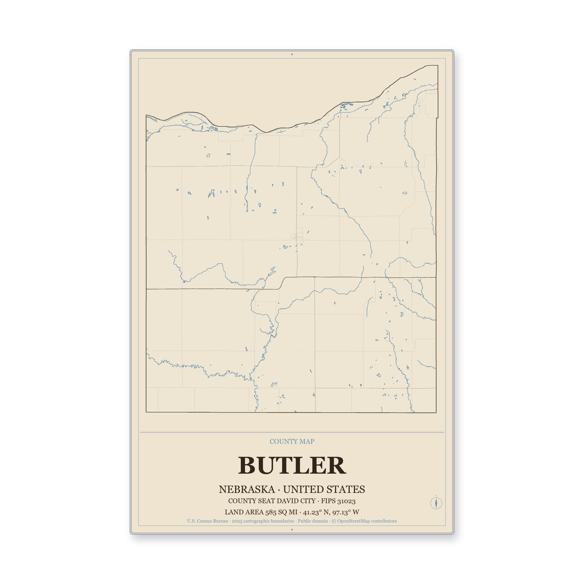 Butler County, Nebraska Map Aluminum Sign in Heritage Nautical style