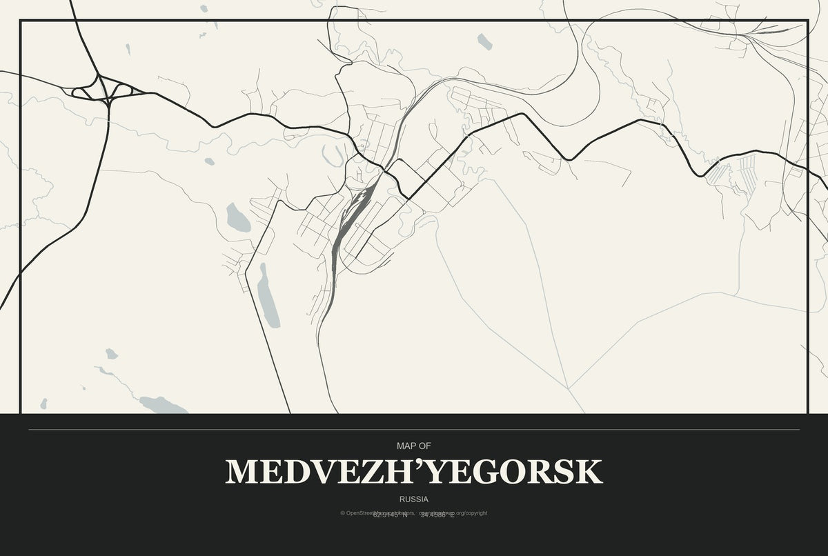 Medvezh’yegorsk, Russia City Map Aluminum Sign in Museum Plaque style