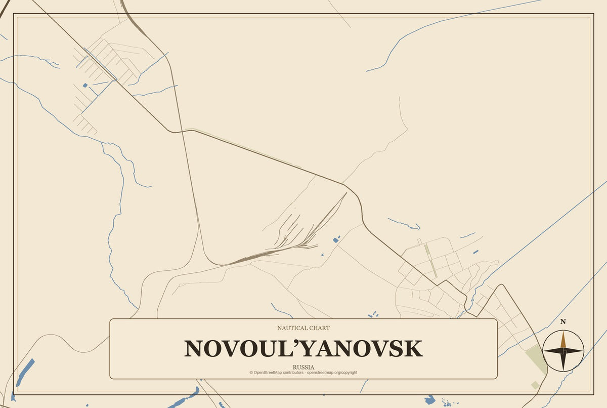 Novoul’yanovsk, Russia City Map Aluminum Sign in Heritage Nautical style