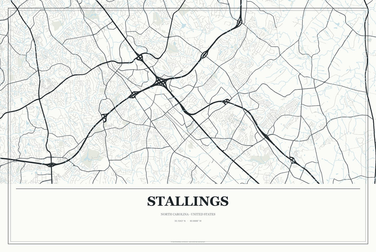 Stallings, North Carolina City Map Aluminum Sign in Gallery Air style