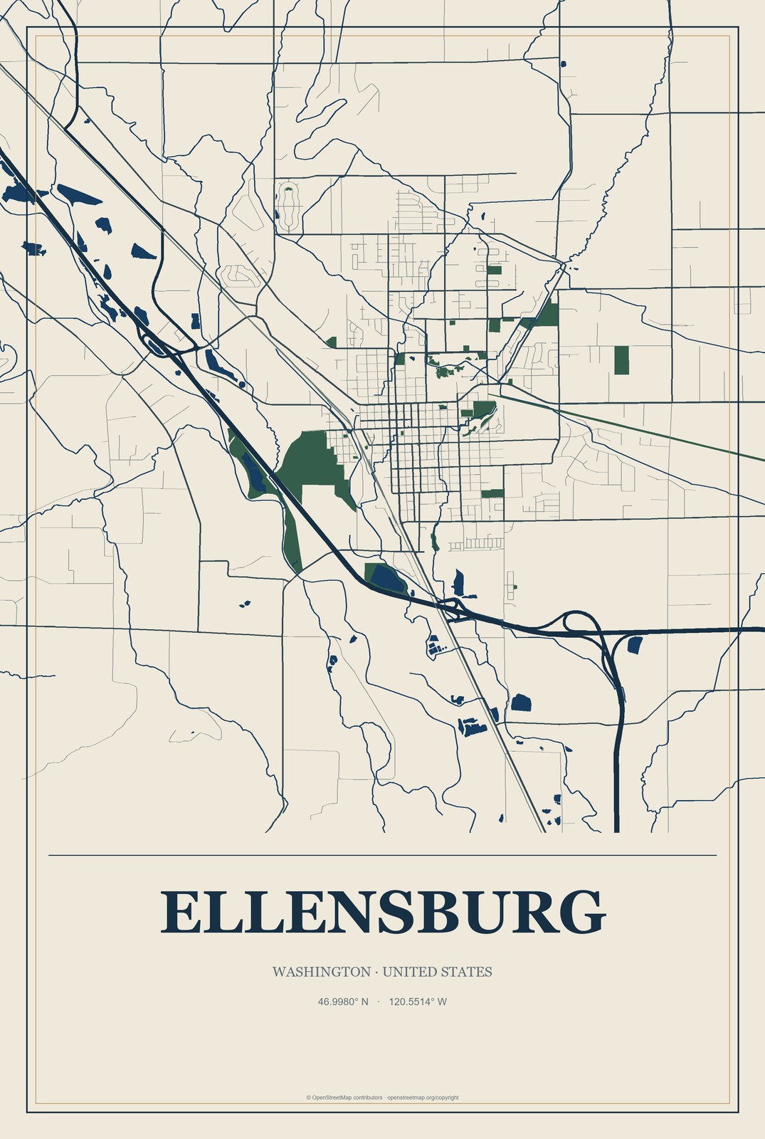 Ellensburg, Washington City Map Aluminum Sign in Coastal Cutout style