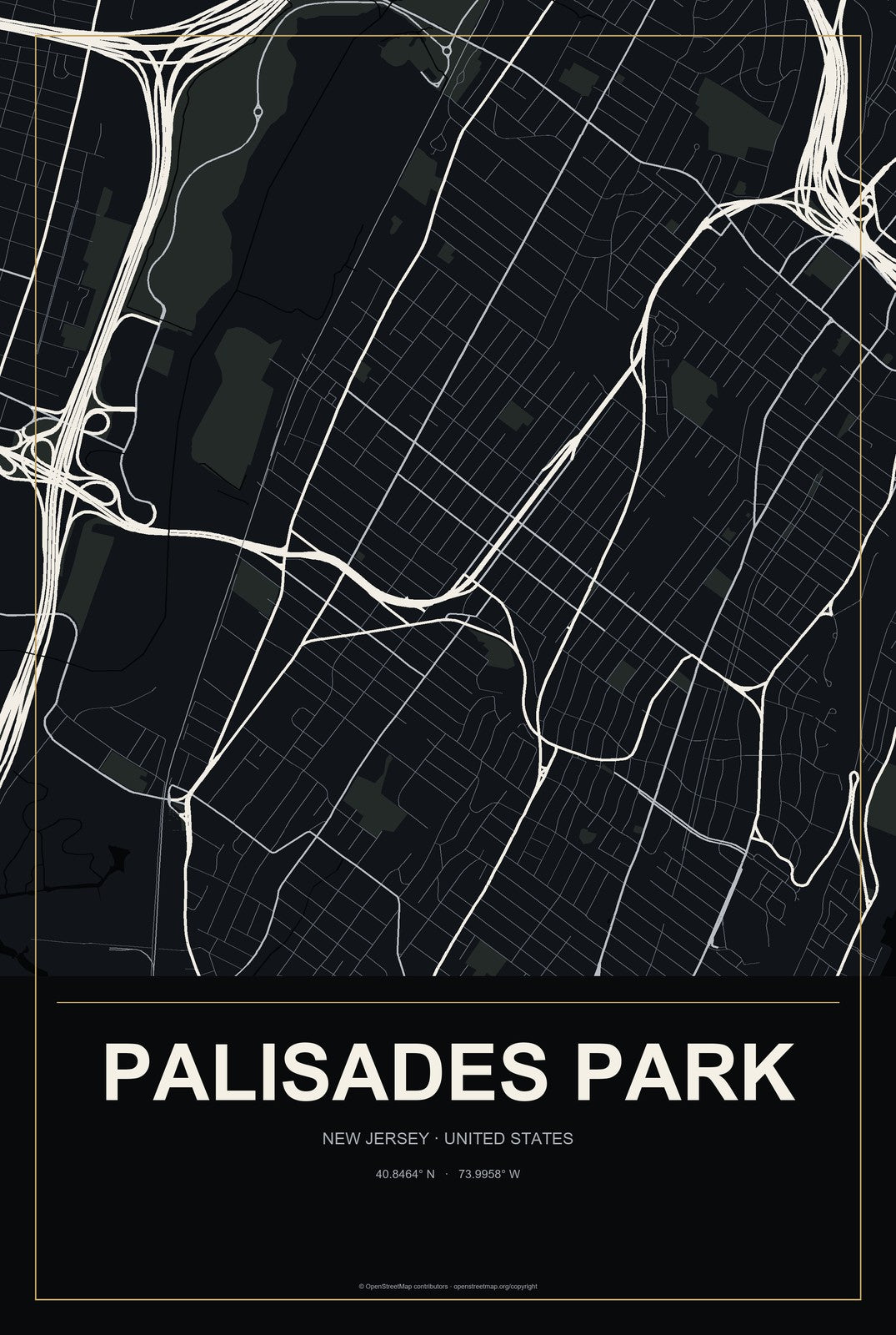 Palisades Park, New Jersey City Map Aluminum Sign in Metropolitan Noir style
