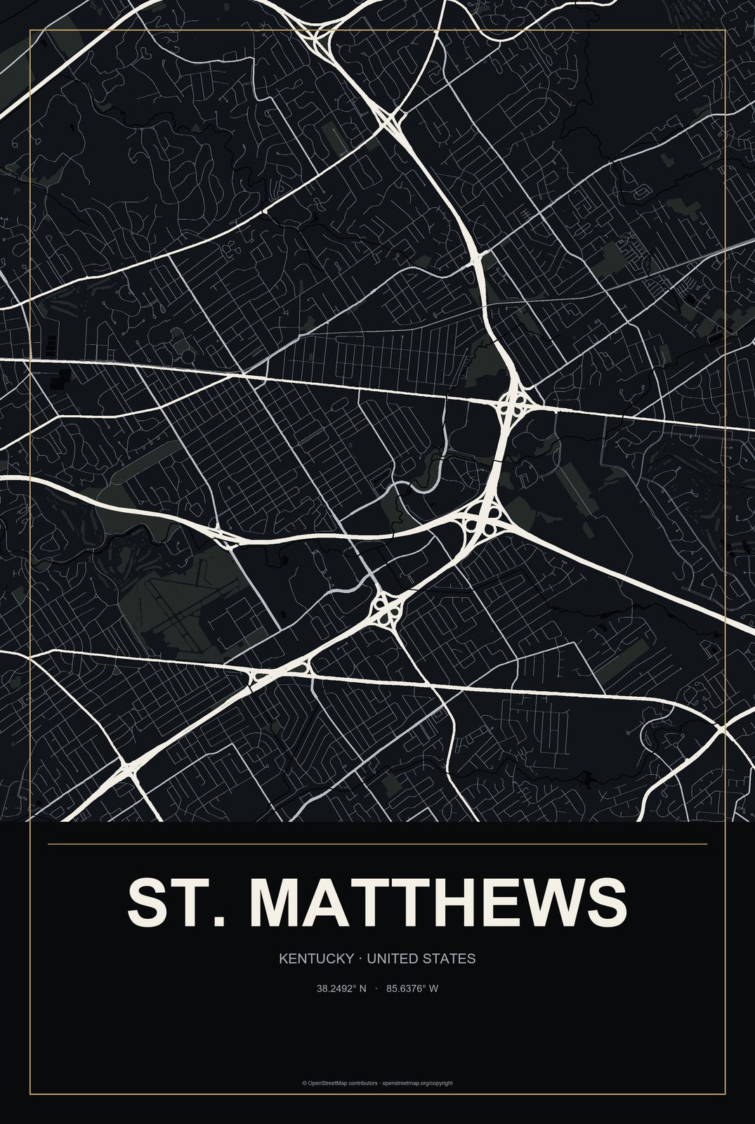 St. Matthews, Kentucky City Map Aluminum Sign in Metropolitan Noir style