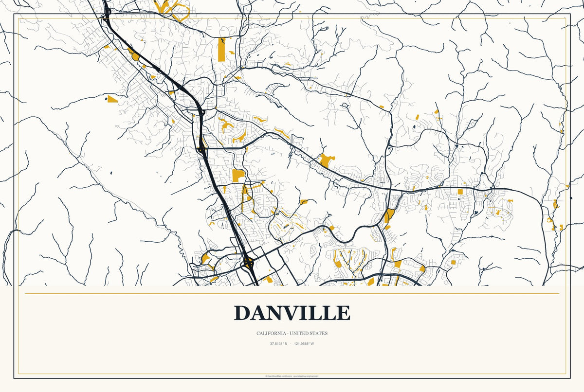 Danville, California City Map Aluminum Sign in Citrine Modern style