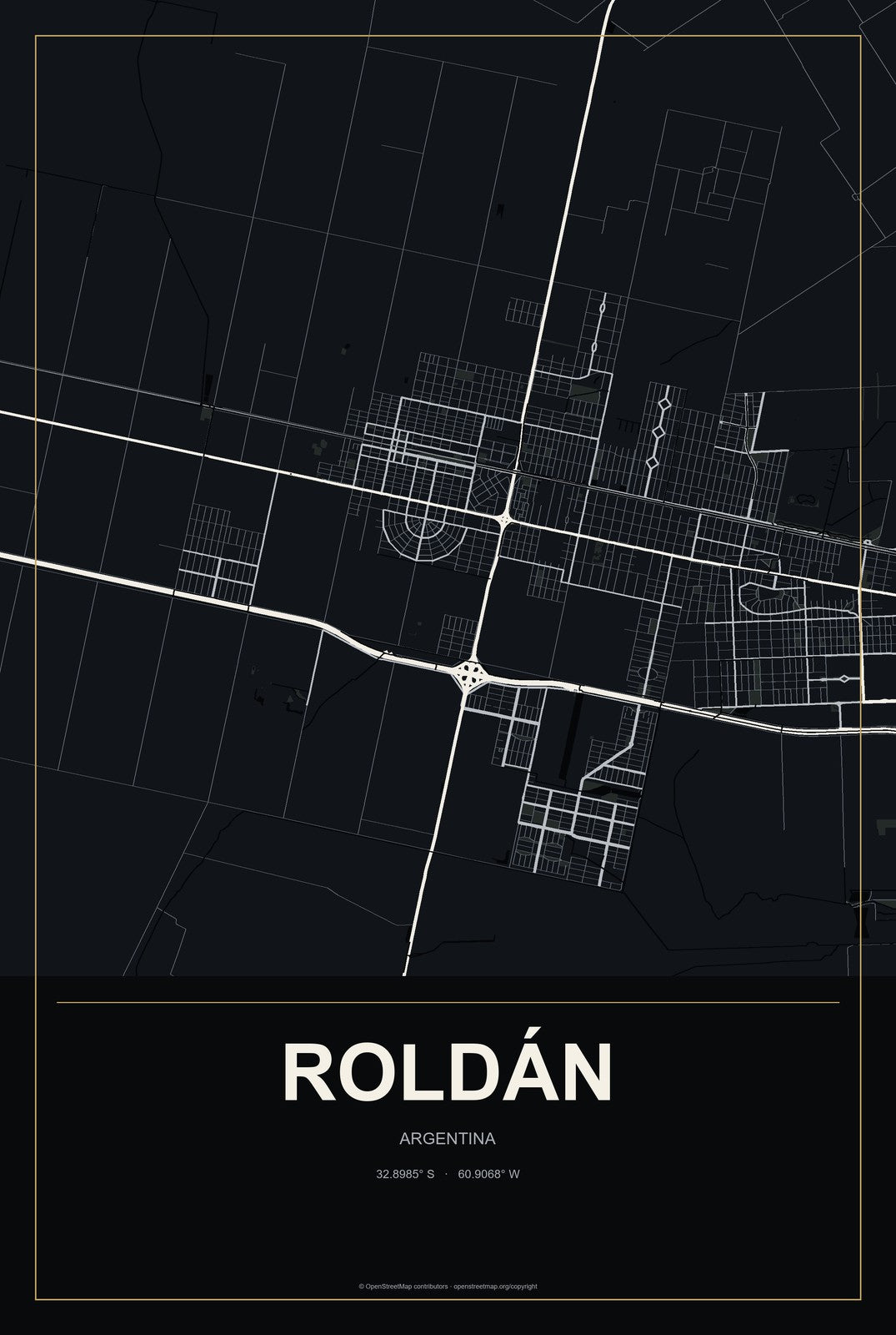Roldán, Argentina City Map Aluminum Sign in Metropolitan Noir style