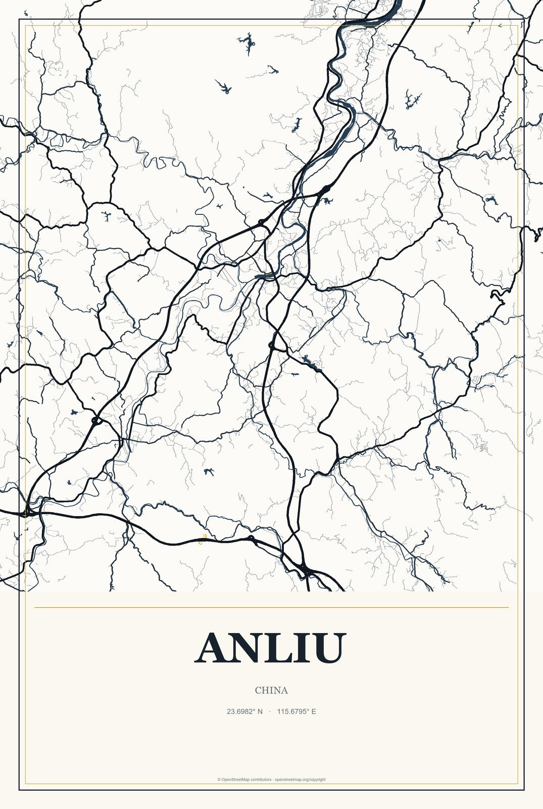 Anliu, China City Map Aluminum Sign in Citrine Modern style
