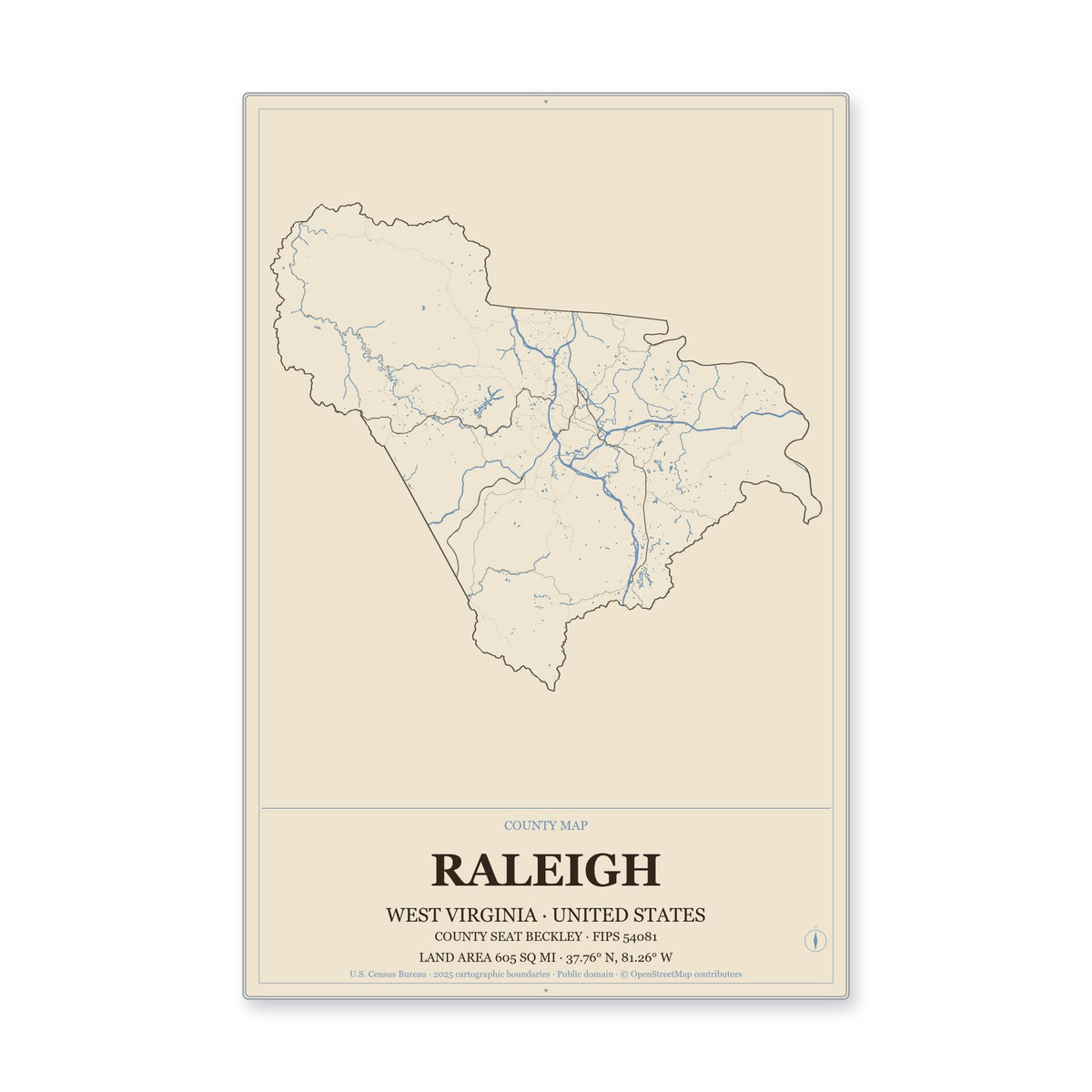 Raleigh County, West Virginia Map Aluminum Sign in Heritage Nautical style