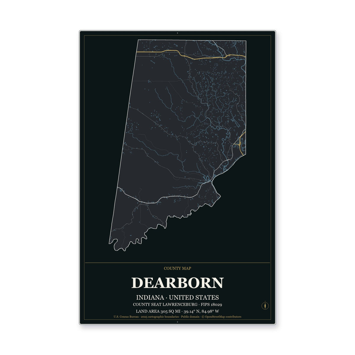 Dearborn County, Indiana Map Aluminum Sign in Metropolitan Noir style