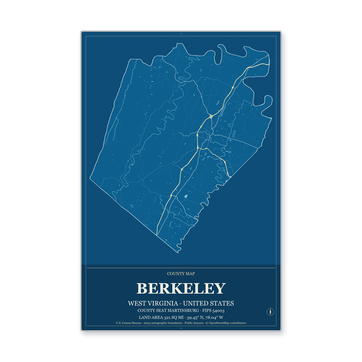 Berkeley County, West Virginia Map Aluminum Sign in Harbor Cobalt style