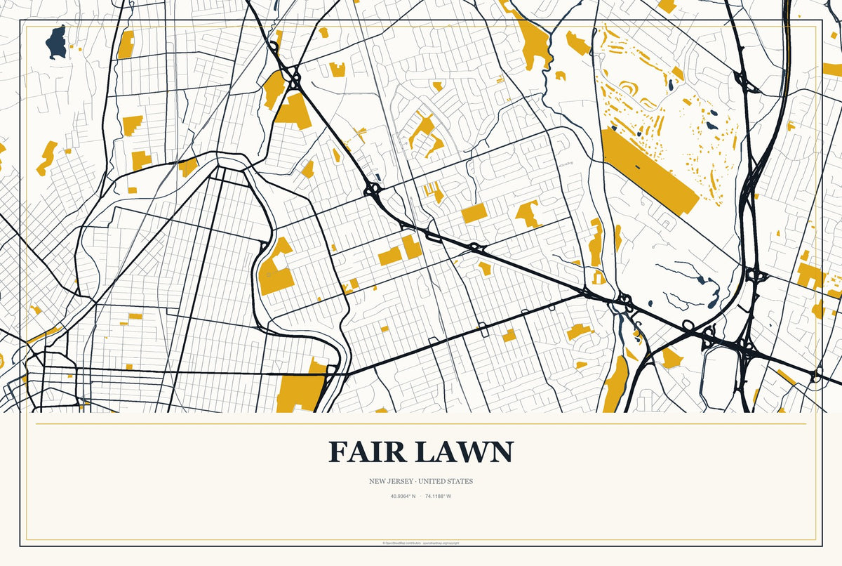 Fair Lawn, New Jersey City Map Aluminum Sign in Citrine Modern style